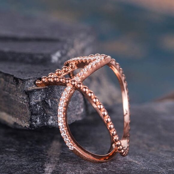 ✨ Bride Wedding/Women Beach Party Vintage Rose Gold Cross Crystal Ring,VIP296 - Picture 3 of 6